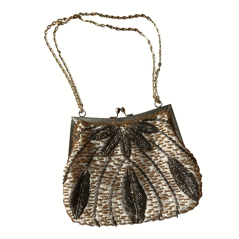 Vintage Fine Arts Bag Beaded Evening Bag Feather or Leaf Motif Gold Hardware